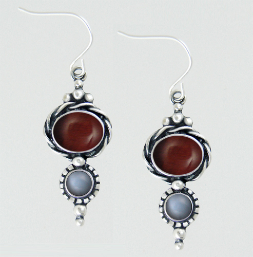 Sterling Silver Drop Dangle Earrings With Red Tiger Eye And Grey Moonstone